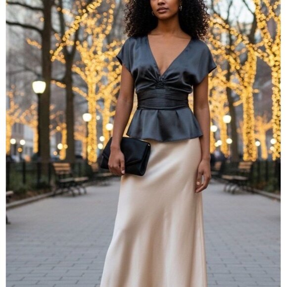 Express Y2K 100% Silk Black Short Sleeve V-neck Tie Back Womens Top Size Large - Picture 1 of 9